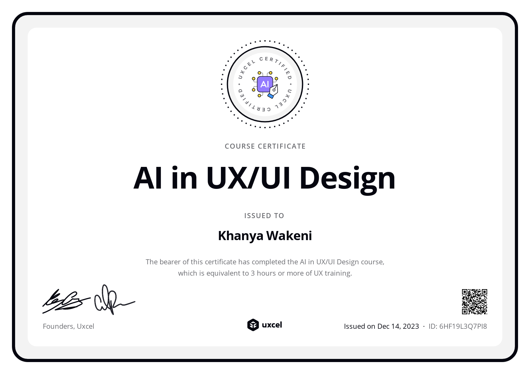 Khanya Wakeni's certificate